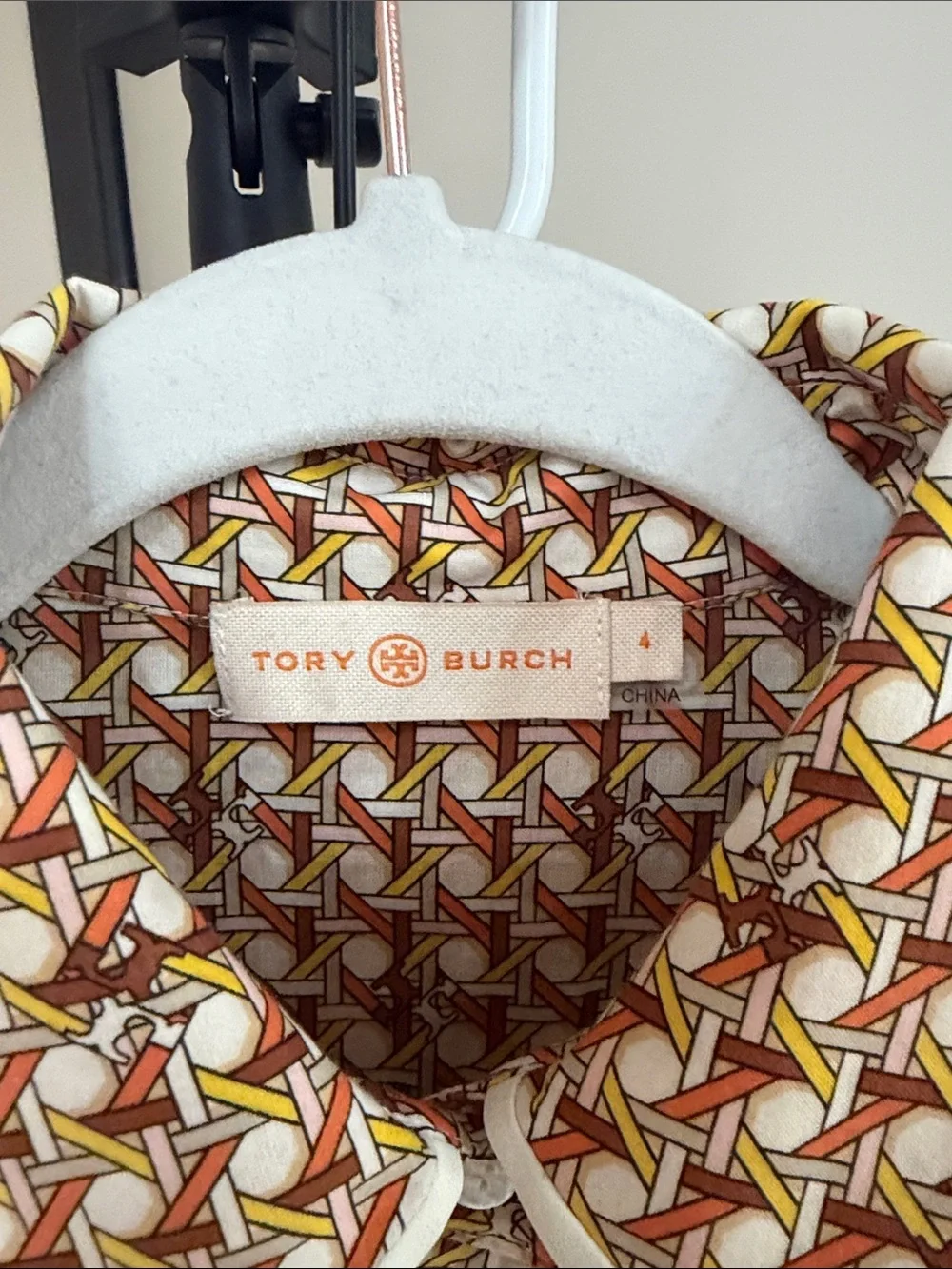 Tory Burch Geometric Print Button-Up Shirt — Brown, Yellow, Coral, Cream